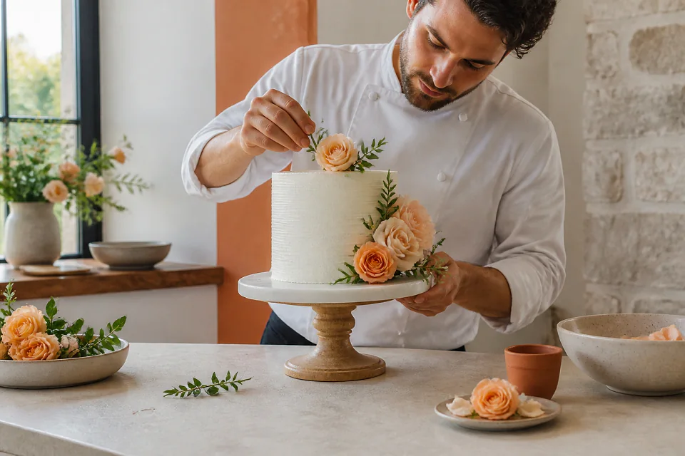 Gâteau de mariage préparé dans un atelier — illustration générée par IA