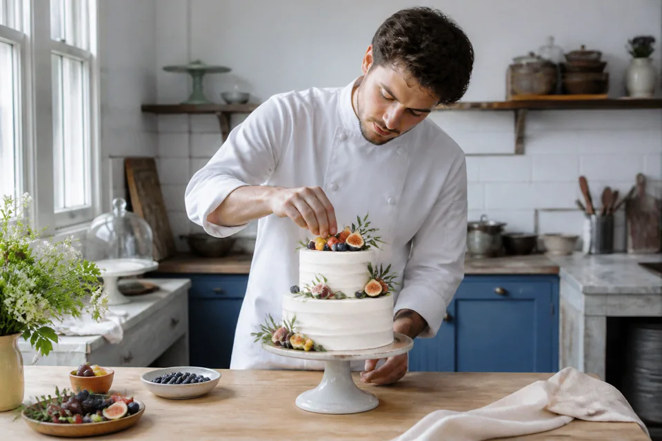 Gâteau de mariage préparé dans un atelier — illustration générée par IA