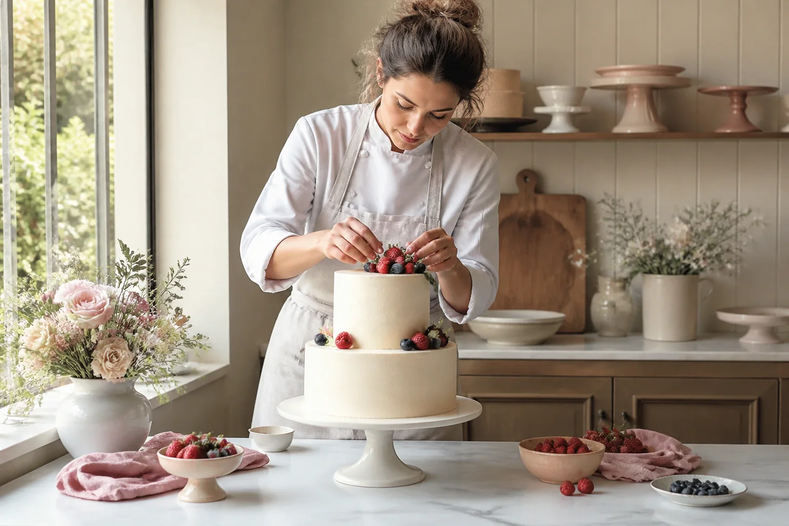 Gâteau de mariage préparé dans un atelier — illustration générée par IA