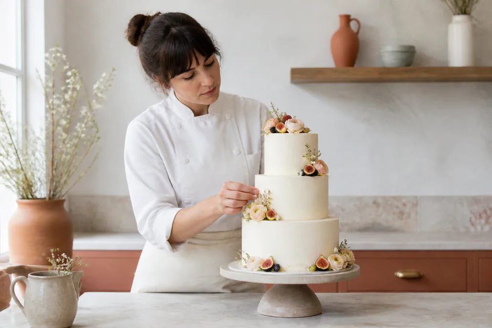 Gâteau de mariage préparé dans un atelier — illustration générée par IA