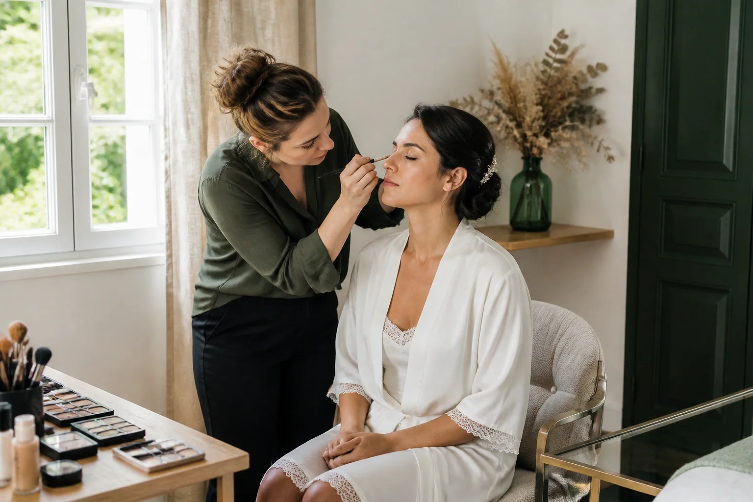 Préparation d’un maquillage de mariage — illustration générée par IA