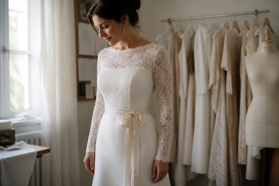 Robe de mariée dans un atelier de confection — illustration générée par IA