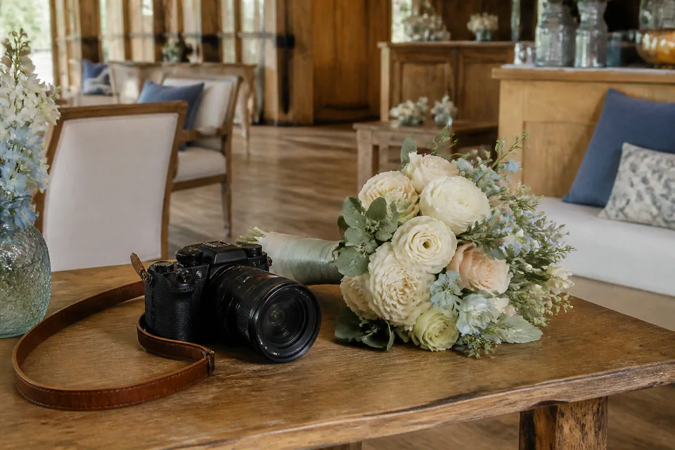 Appareil photo et accessoires de reportage de mariage — illustration générée par IA