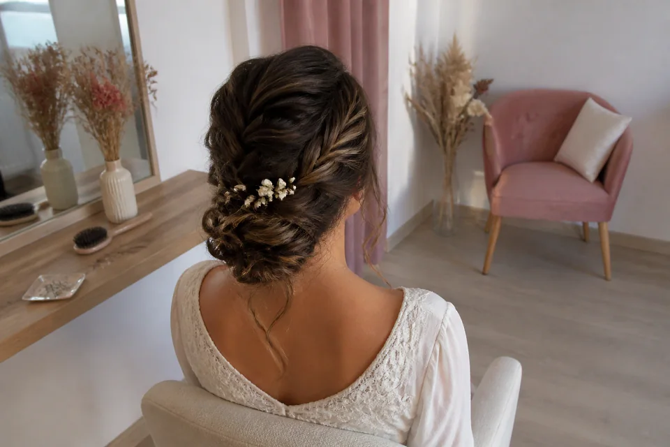 Coiffure de cérémonie vue pendant la préparation — illustration générée par IA