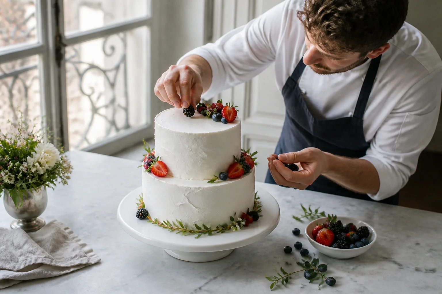 Gâteau de mariage préparé dans un atelier — illustration générée par IA