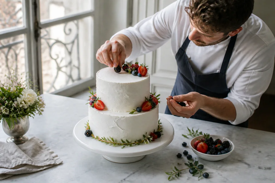 Gâteau de mariage préparé dans un atelier — illustration générée par IA