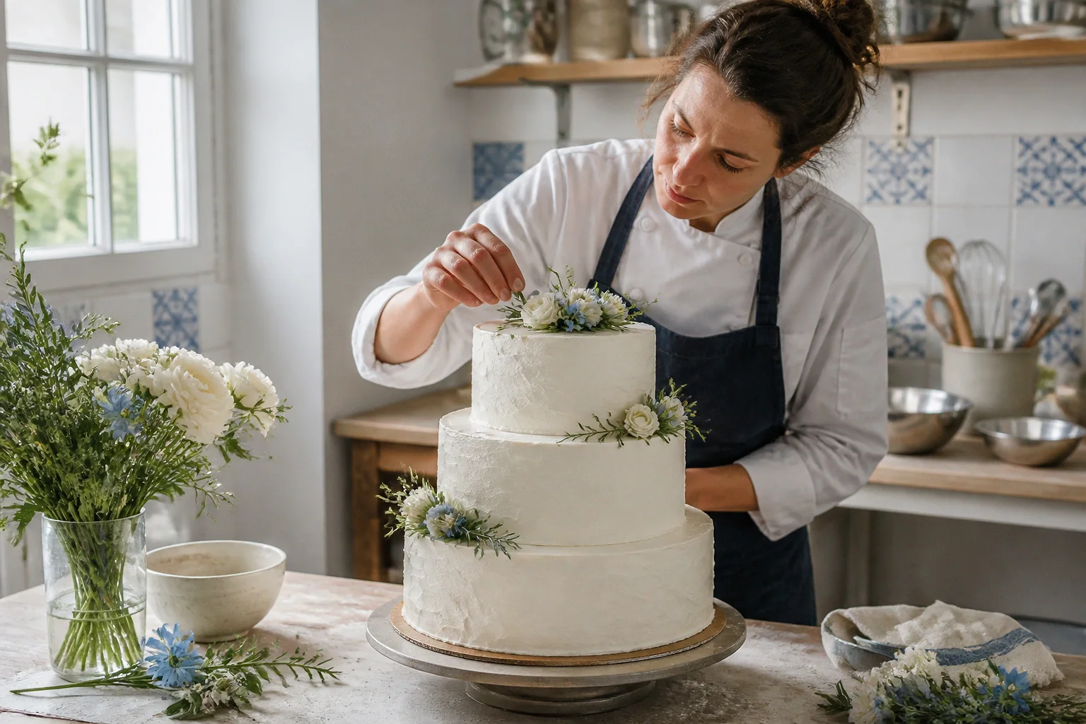 Gâteau de mariage préparé dans un atelier — illustration générée par IA