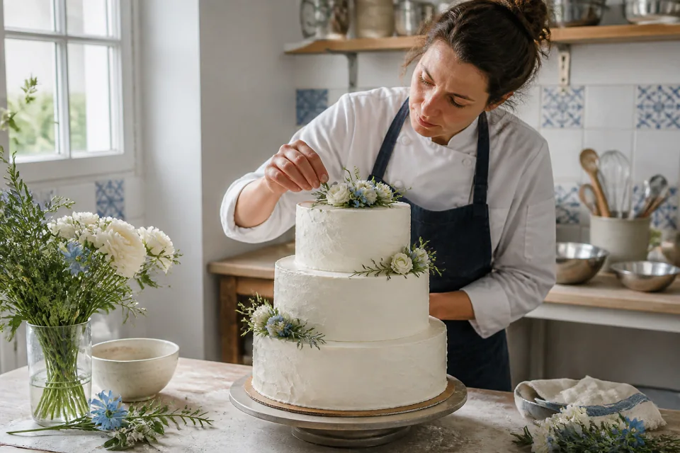 Gâteau de mariage préparé dans un atelier — illustration générée par IA