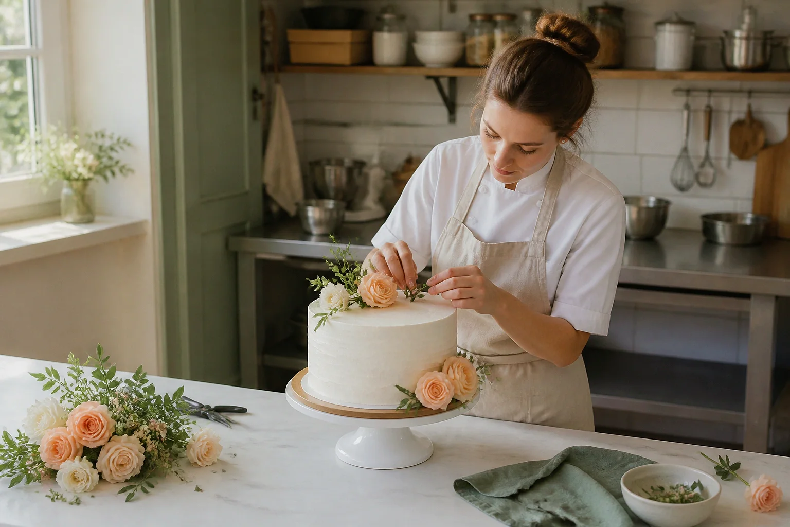 Gâteau de mariage préparé dans un atelier — illustration générée par IA
