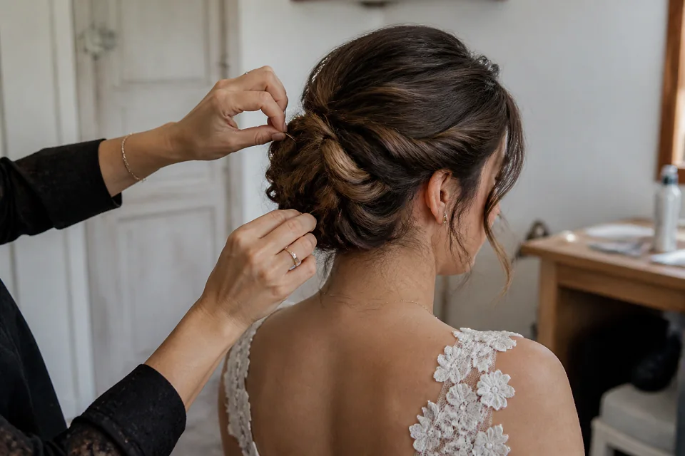 Coiffure de cérémonie vue pendant la préparation — illustration générée par IA
