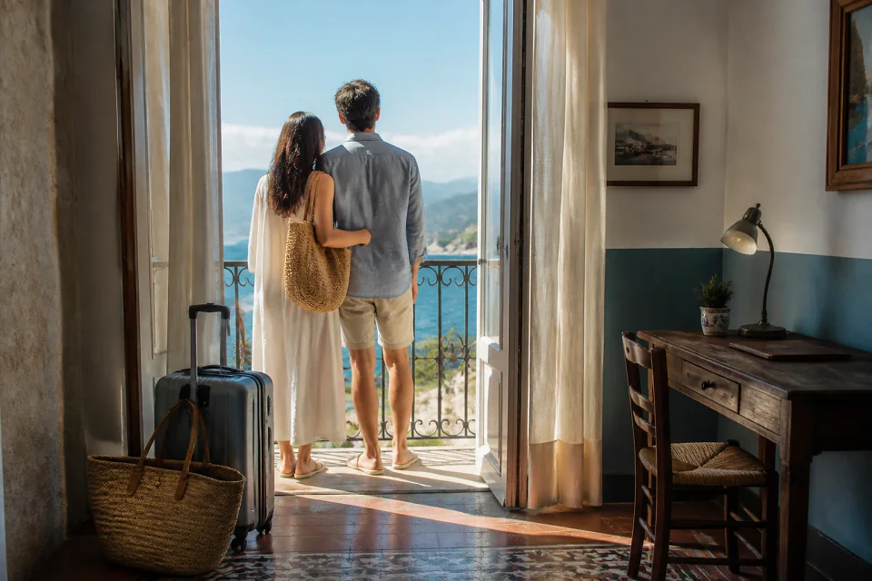 Bagages et hébergement pour un voyage de noces — illustration générée par IA
