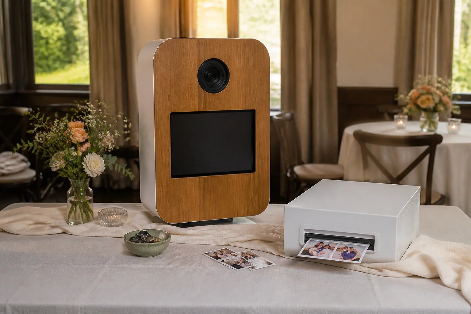 Borne photo installée pour une réception de mariage — illustration générée par IA
