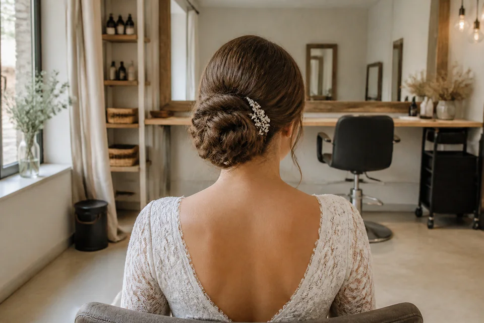 Coiffure de cérémonie vue pendant la préparation — illustration générée par IA