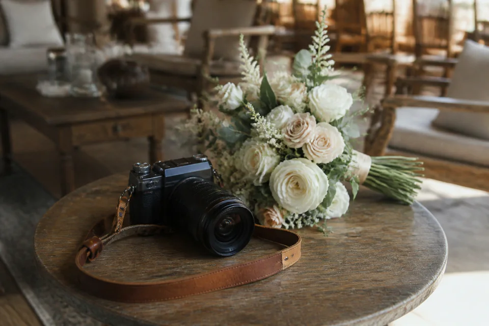 Appareil photo et accessoires de reportage de mariage — illustration générée par IA