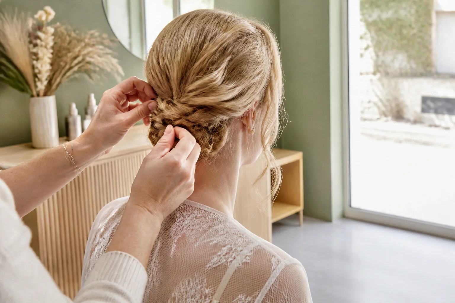 Coiffure de cérémonie vue pendant la préparation — illustration générée par IA
