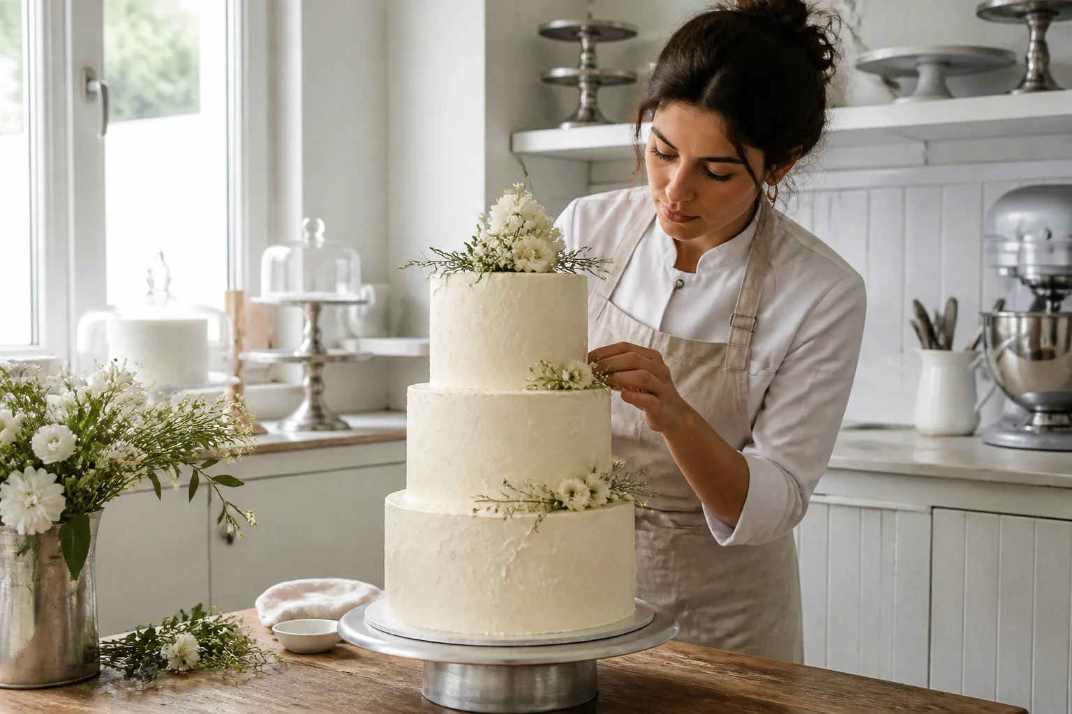 Gâteau de mariage préparé dans un atelier — illustration générée par IA