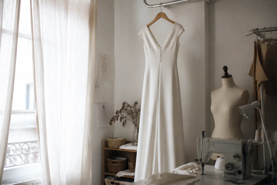 Robe de mariée dans un atelier de confection — illustration générée par IA