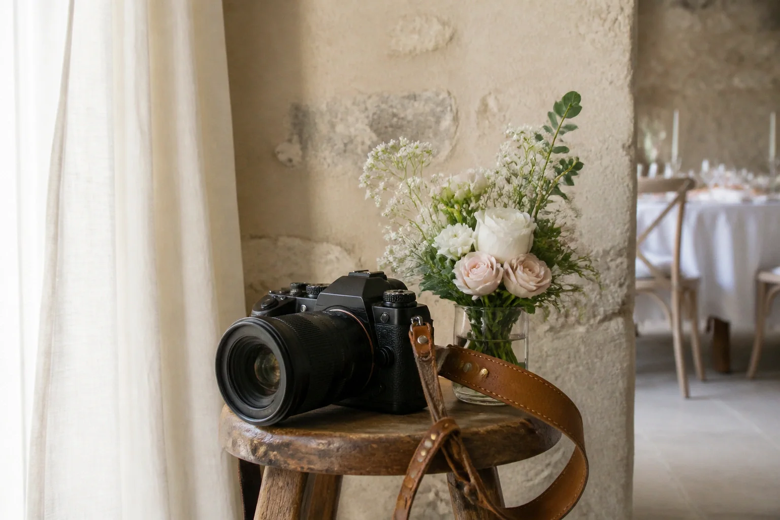 Appareil photo et accessoires de reportage de mariage — illustration générée par IA