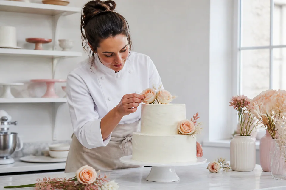 Gâteau de mariage préparé dans un atelier — illustration générée par IA