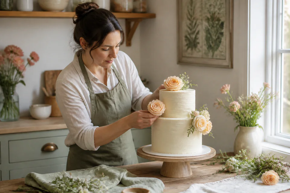 Gâteau de mariage préparé dans un atelier — illustration générée par IA