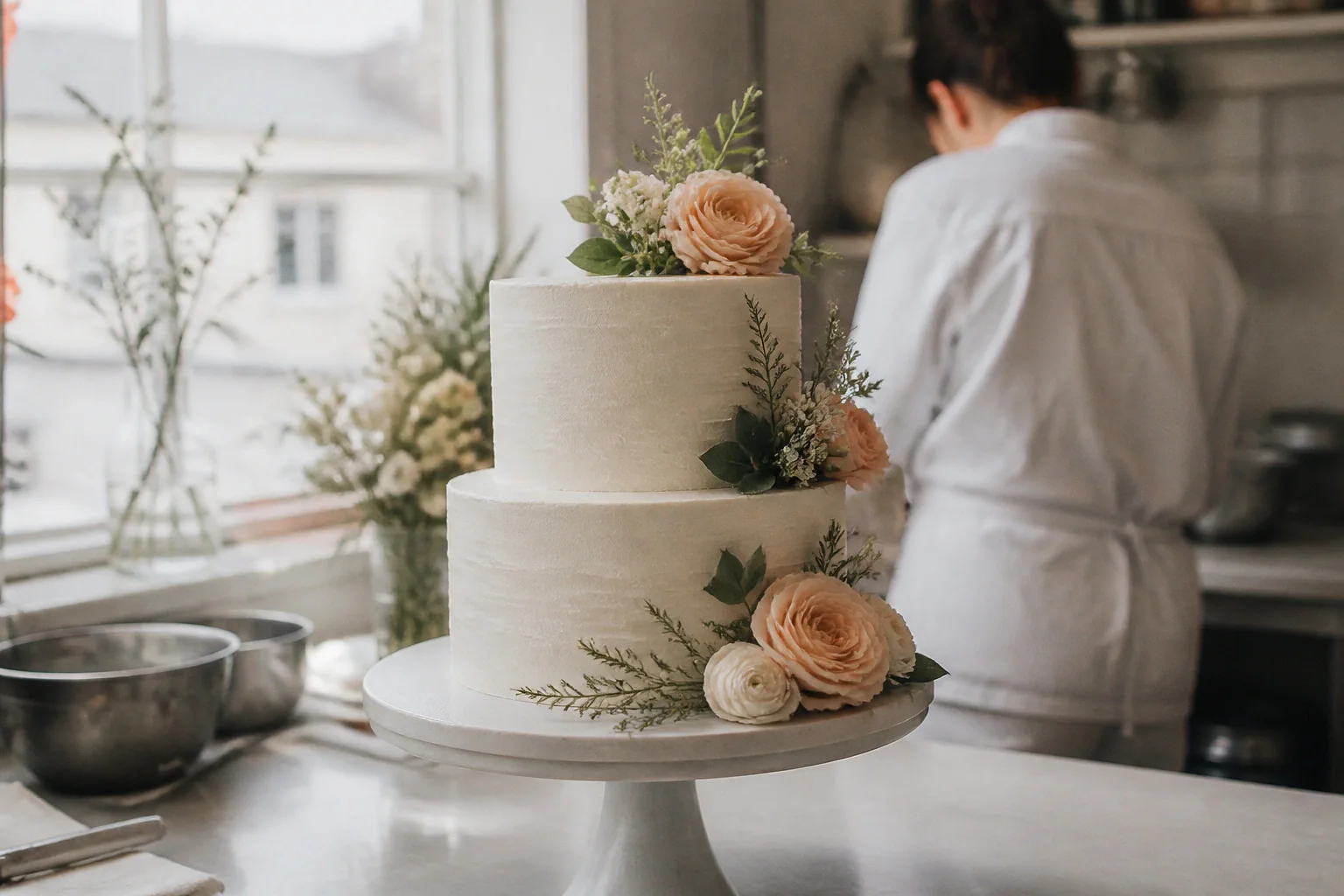 Gâteau de mariage préparé dans un atelier — illustration générée par IA