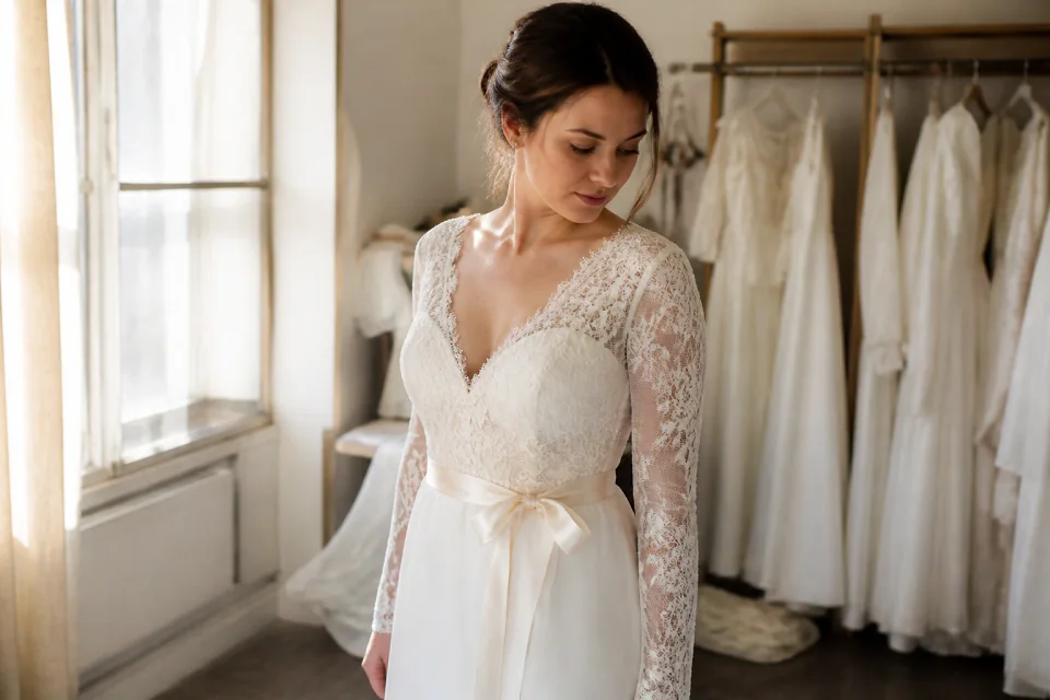 Robe de mariée dans un atelier de confection — illustration générée par IA