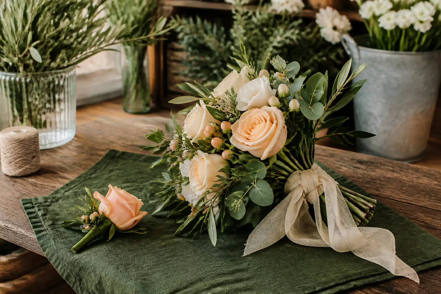 Préparation florale pour un mariage — illustration générée par IA