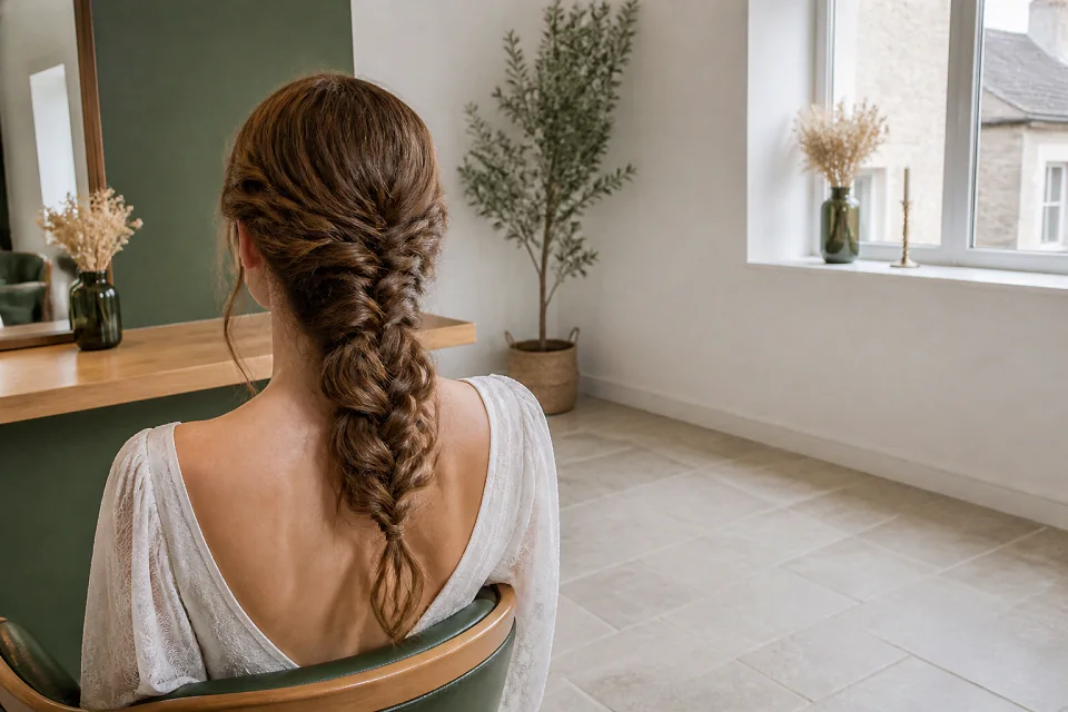 Coiffure de cérémonie vue pendant la préparation — illustration générée par IA
