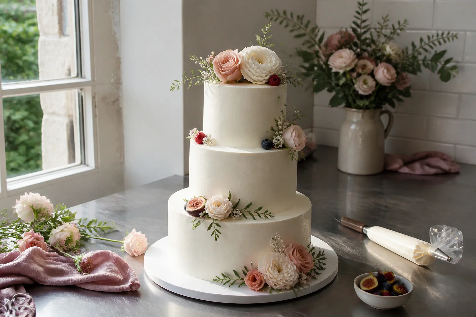 Gâteau de mariage préparé dans un atelier — illustration générée par IA