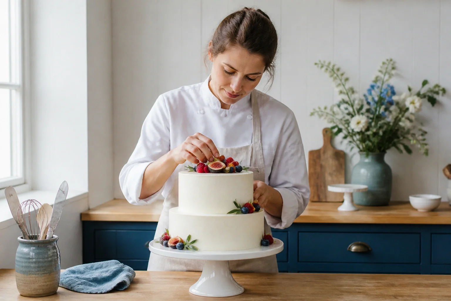 Gâteau de mariage préparé dans un atelier — illustration générée par IA