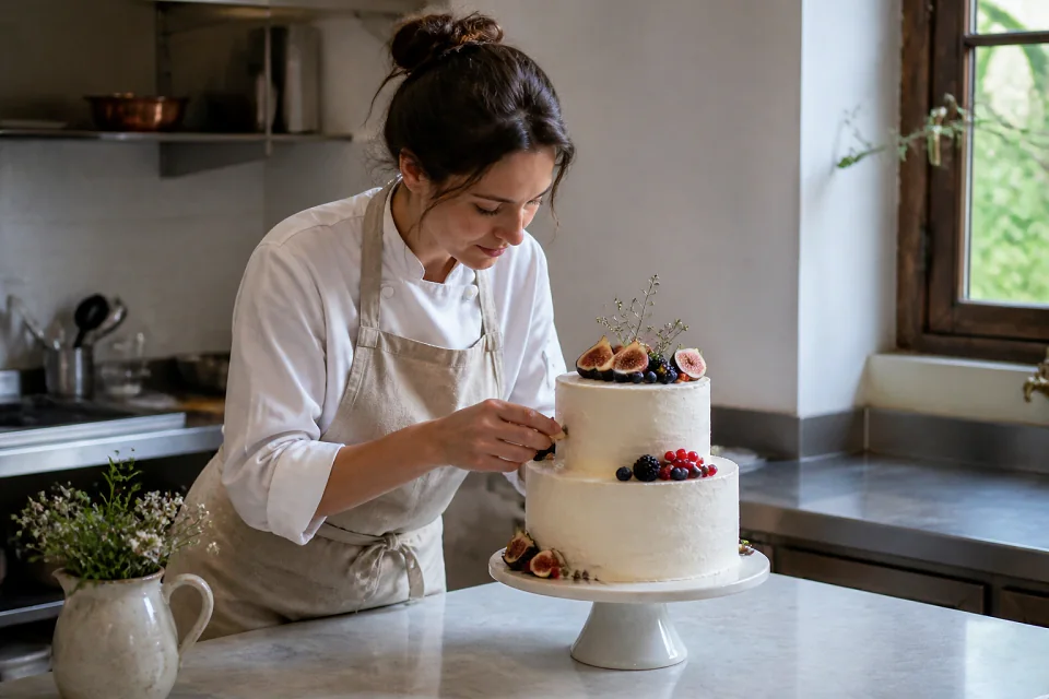 Gâteau de mariage préparé dans un atelier — illustration générée par IA