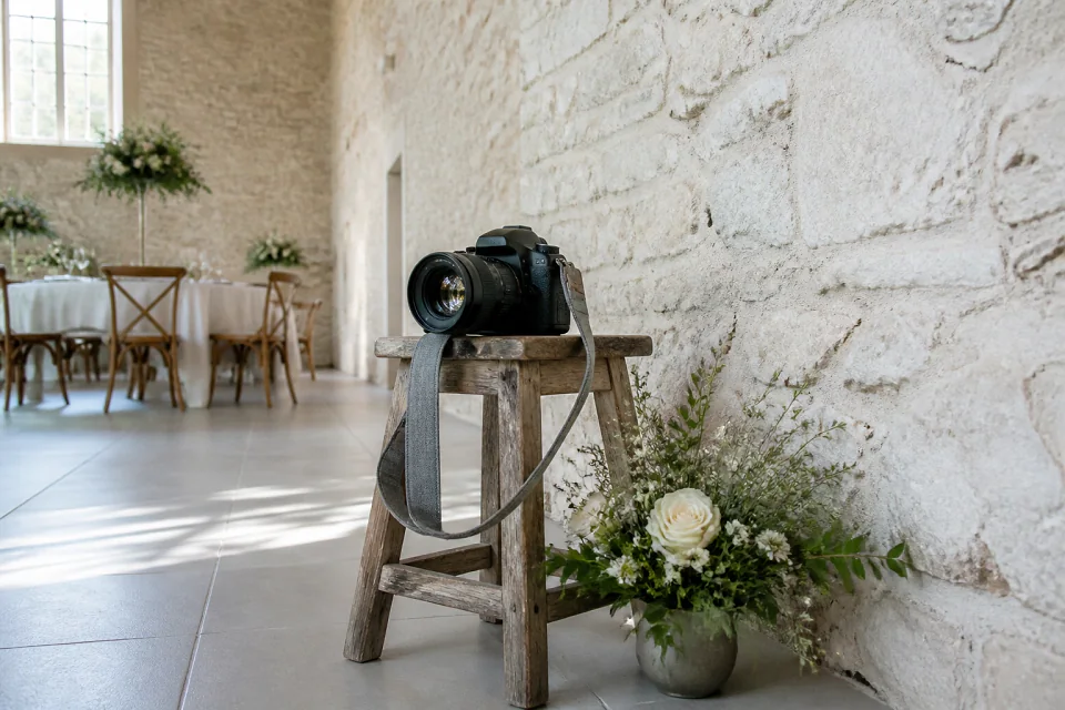 Appareil photo et accessoires de reportage de mariage — illustration générée par IA