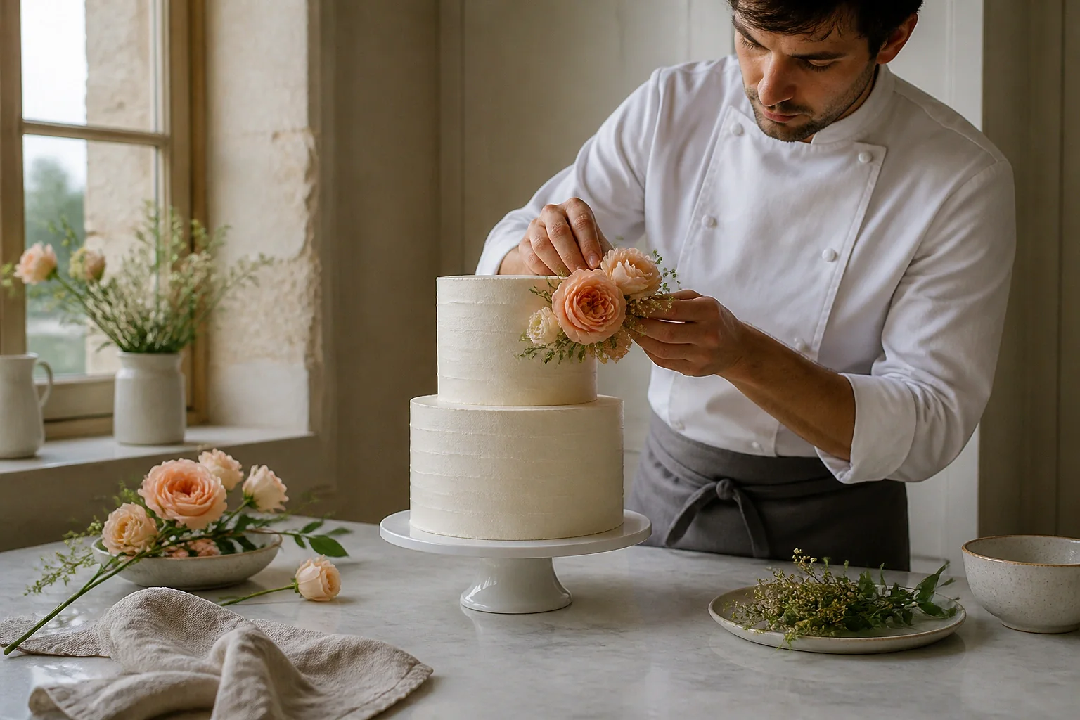Gâteau de mariage préparé dans un atelier — illustration générée par IA