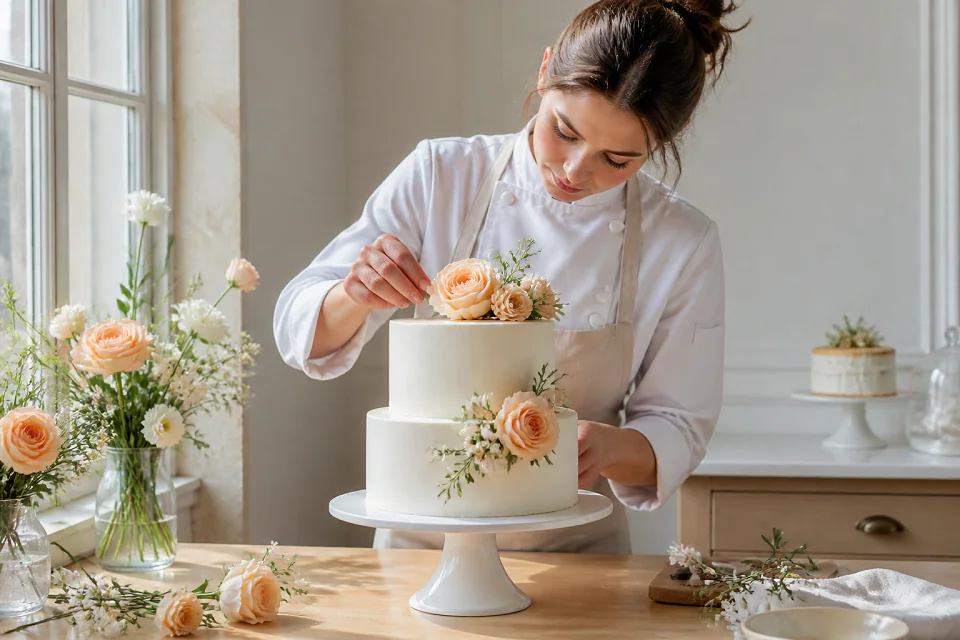 Gâteau de mariage préparé dans un atelier — illustration générée par IA