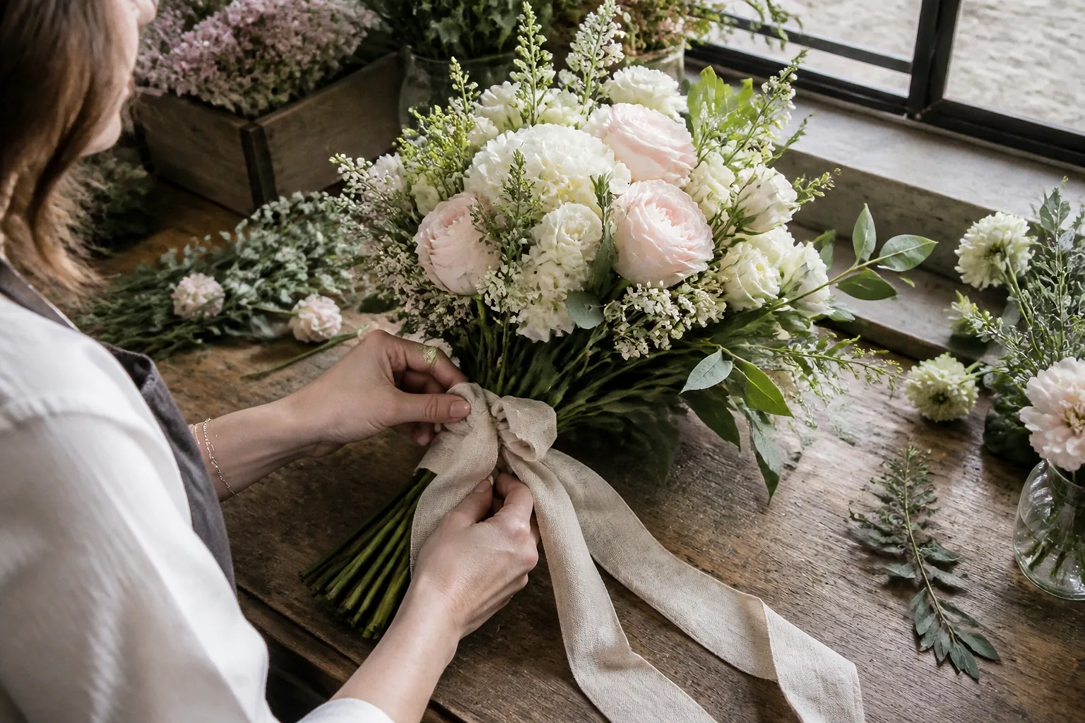 Préparation florale pour un mariage — illustration générée par IA