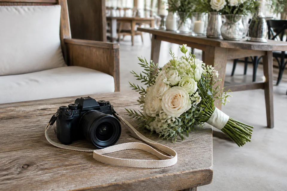 Appareil photo et accessoires de reportage de mariage — illustration générée par IA