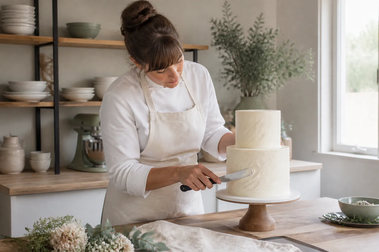 Gâteau de mariage préparé dans un atelier — illustration générée par IA