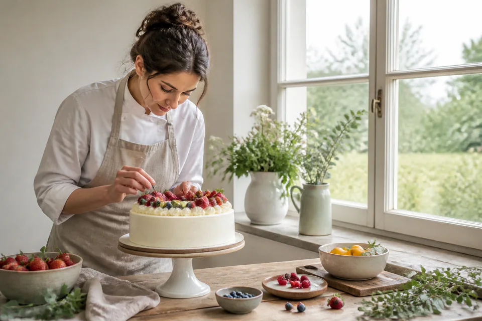 Gâteau de mariage préparé dans un atelier — illustration générée par IA