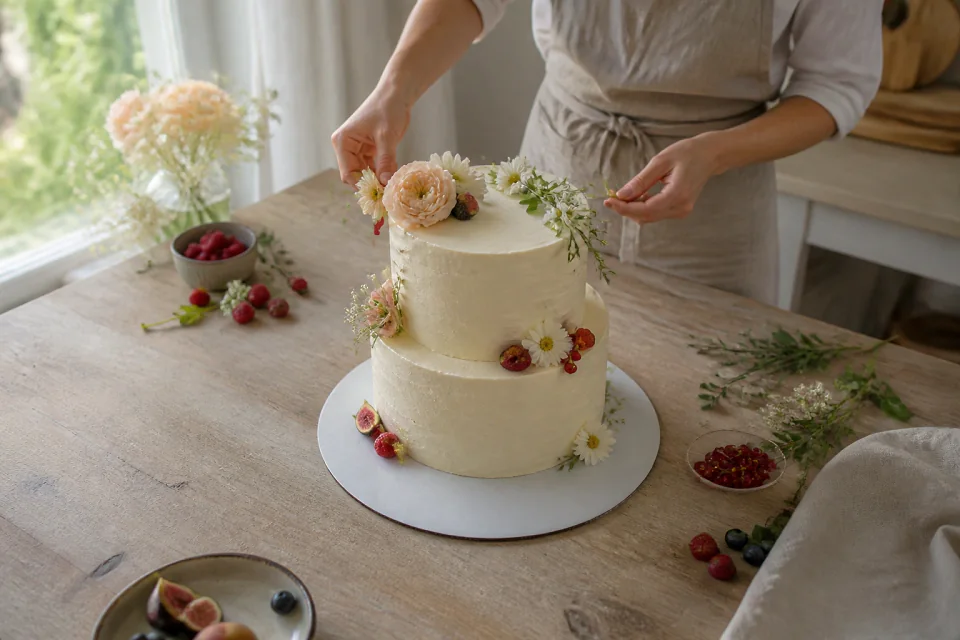 Gâteau de mariage préparé dans un atelier — illustration générée par IA
