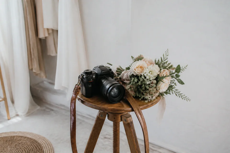Appareil photo et accessoires de reportage de mariage — illustration générée par IA