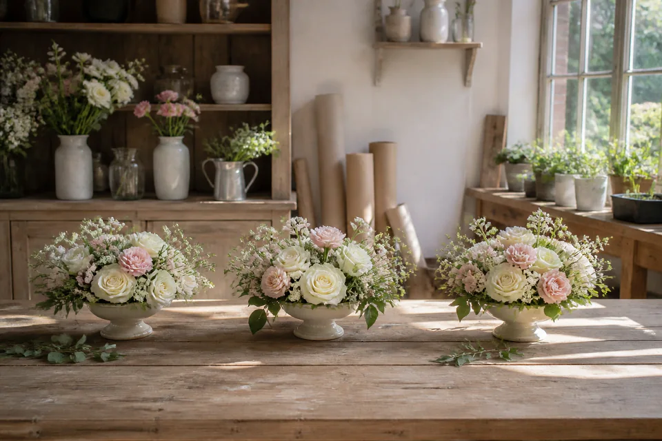 Préparation florale pour un mariage — illustration générée par IA