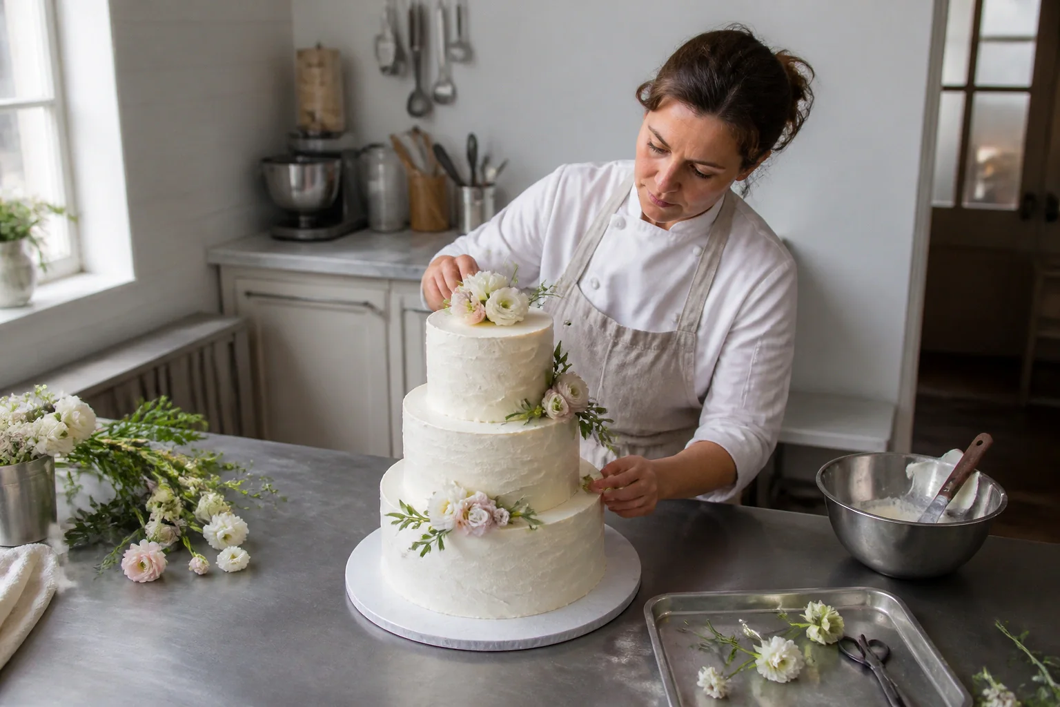 Gâteau de mariage préparé dans un atelier — illustration générée par IA