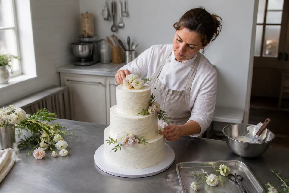 Gâteau de mariage préparé dans un atelier — illustration générée par IA