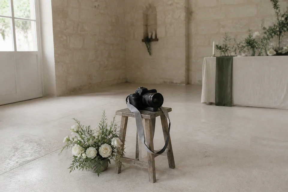 Appareil photo et accessoires de reportage de mariage — illustration générée par IA