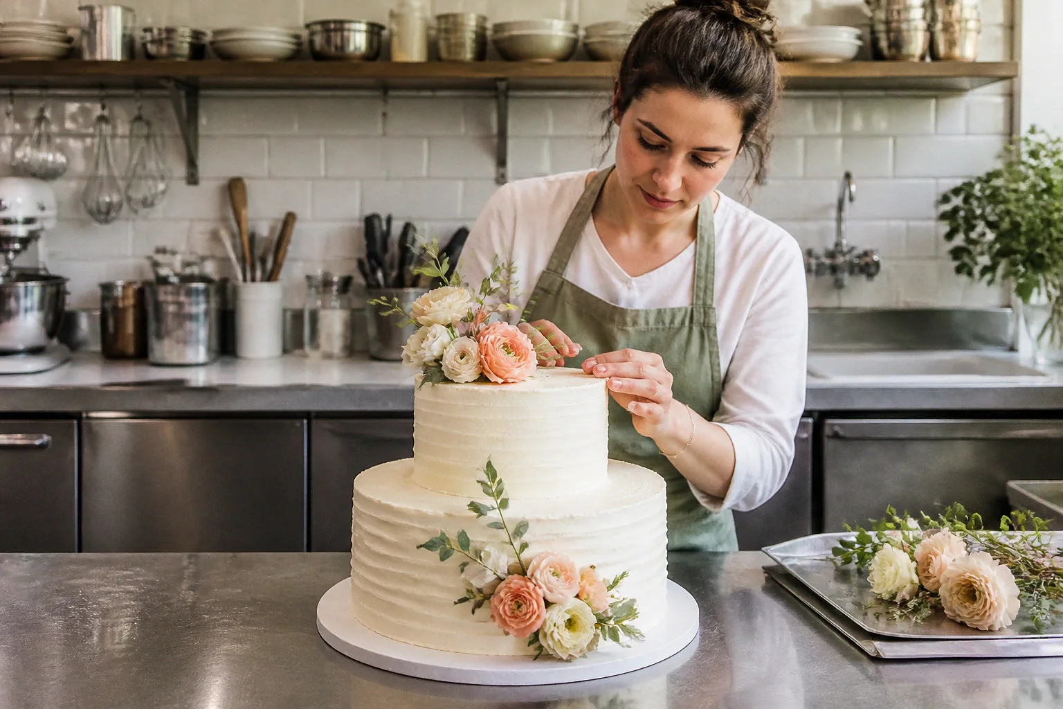Gâteau de mariage préparé dans un atelier — illustration générée par IA