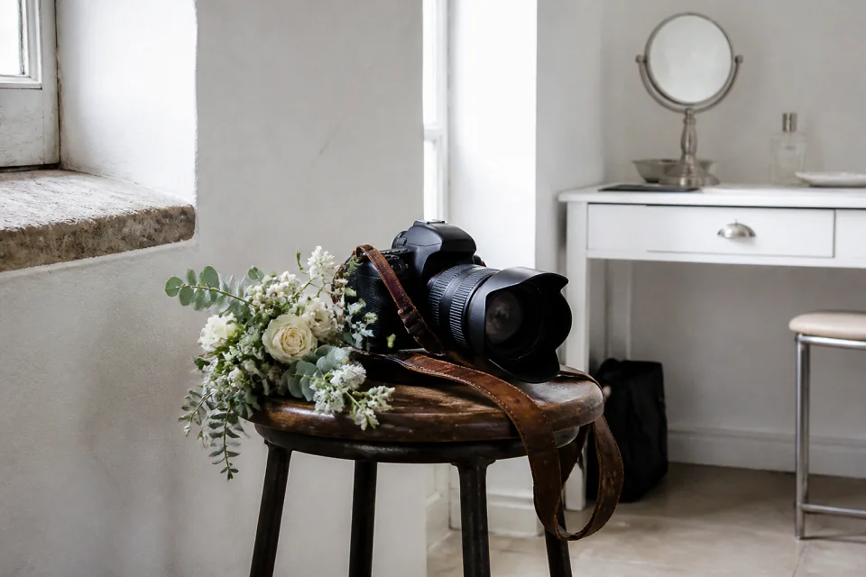Appareil photo et accessoires de reportage de mariage — illustration générée par IA