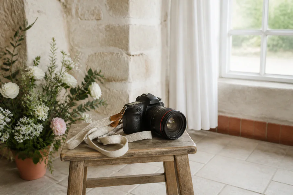 Appareil photo et accessoires de reportage de mariage — illustration générée par IA