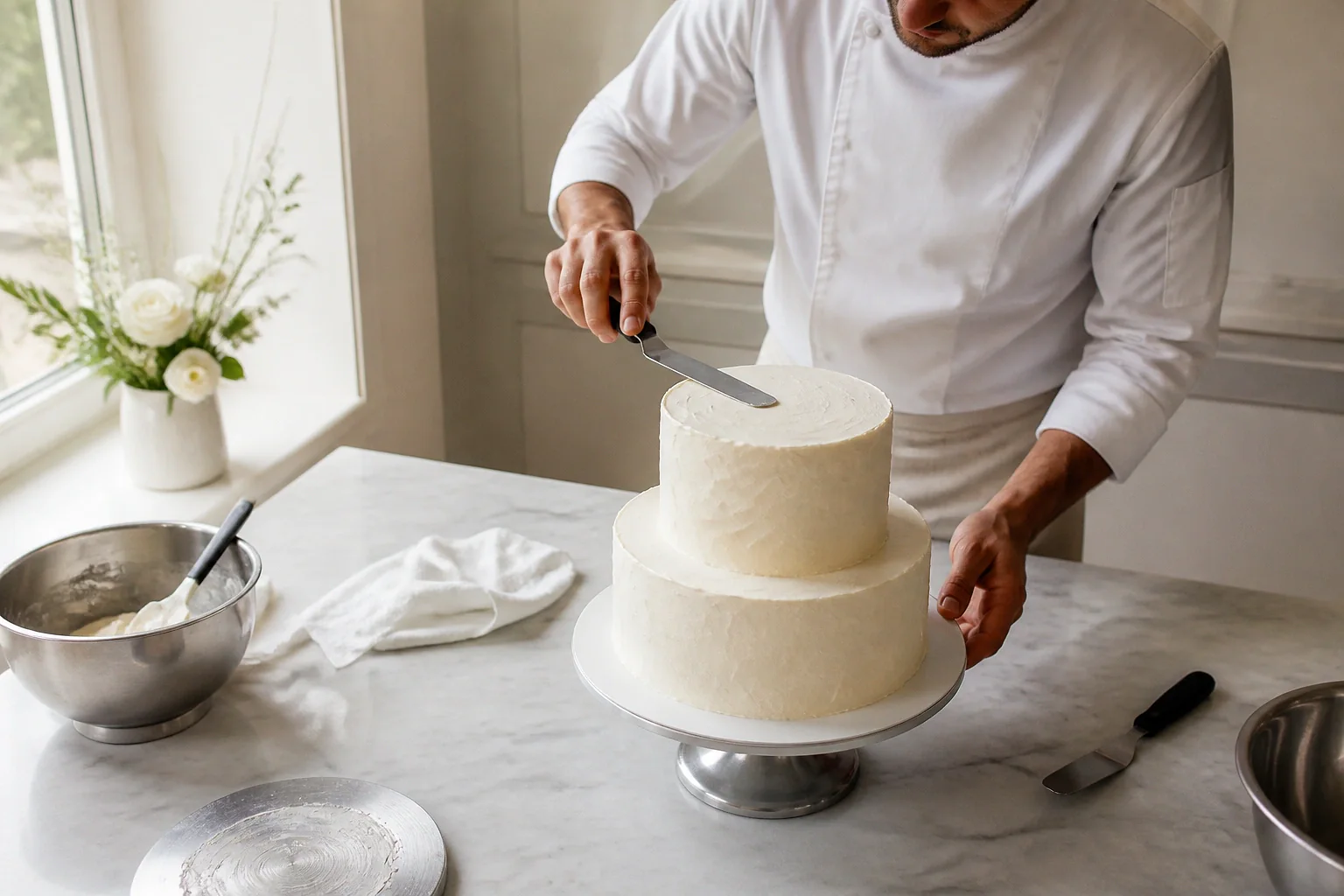 Gâteau de mariage préparé dans un atelier — illustration générée par IA