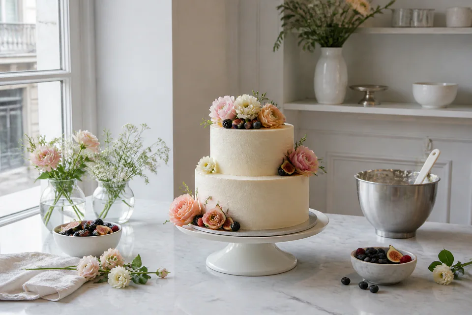 Gâteau de mariage préparé dans un atelier — illustration générée par IA