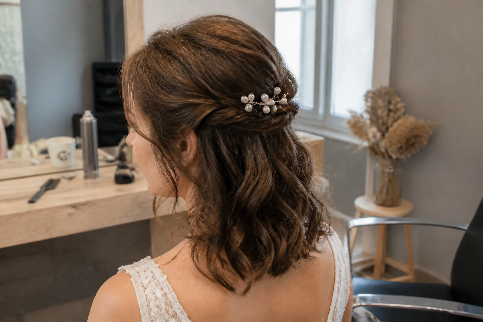 Coiffure de cérémonie vue pendant la préparation — illustration générée par IA